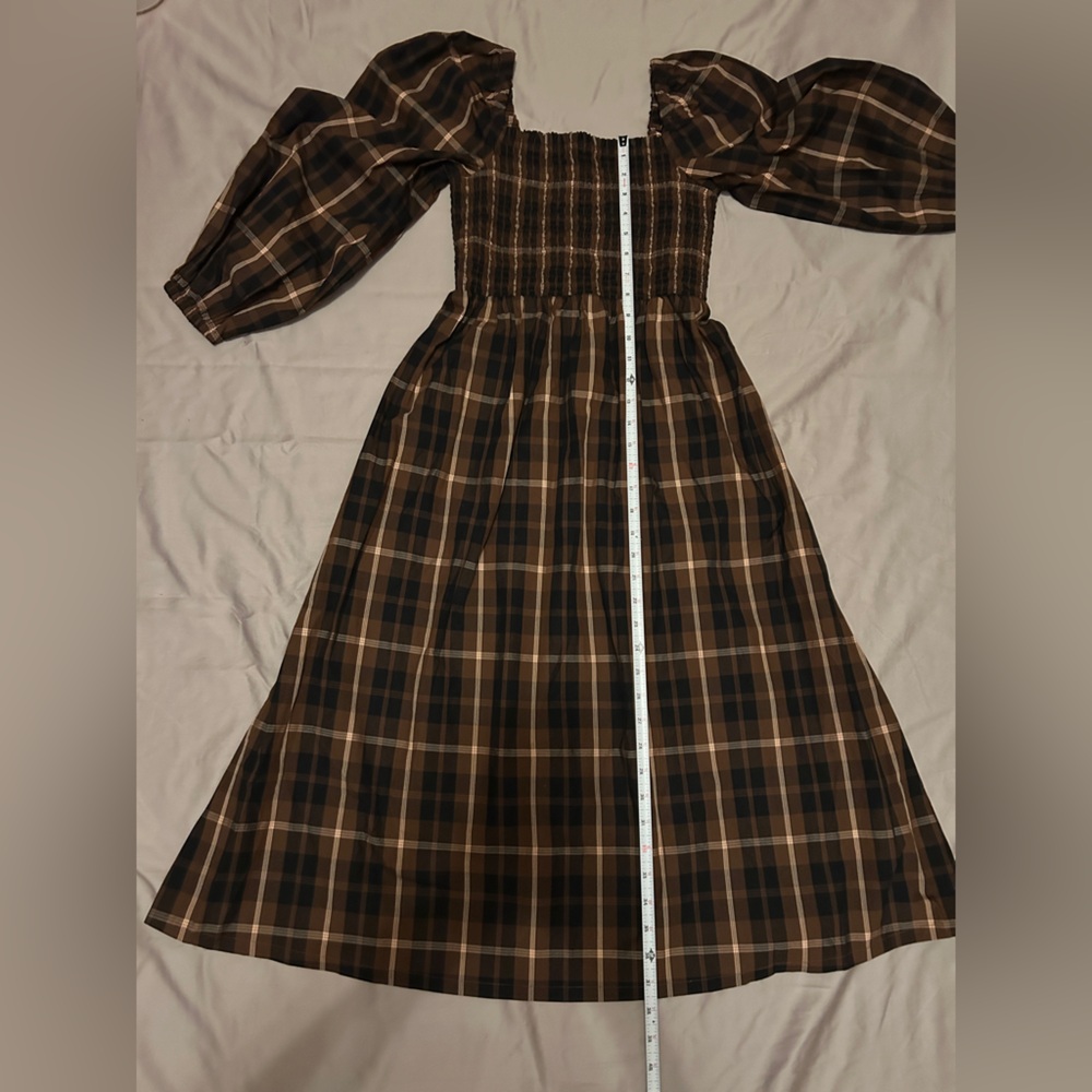 J Crew plaid print smocked midi dress in brown black Size XS - Picture 4 of 12
